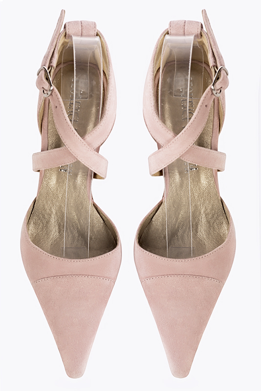 Powder pink women's open side shoes, with crossed straps. Pointed toe. Medium comma heels. Top view - Florence KOOIJMAN